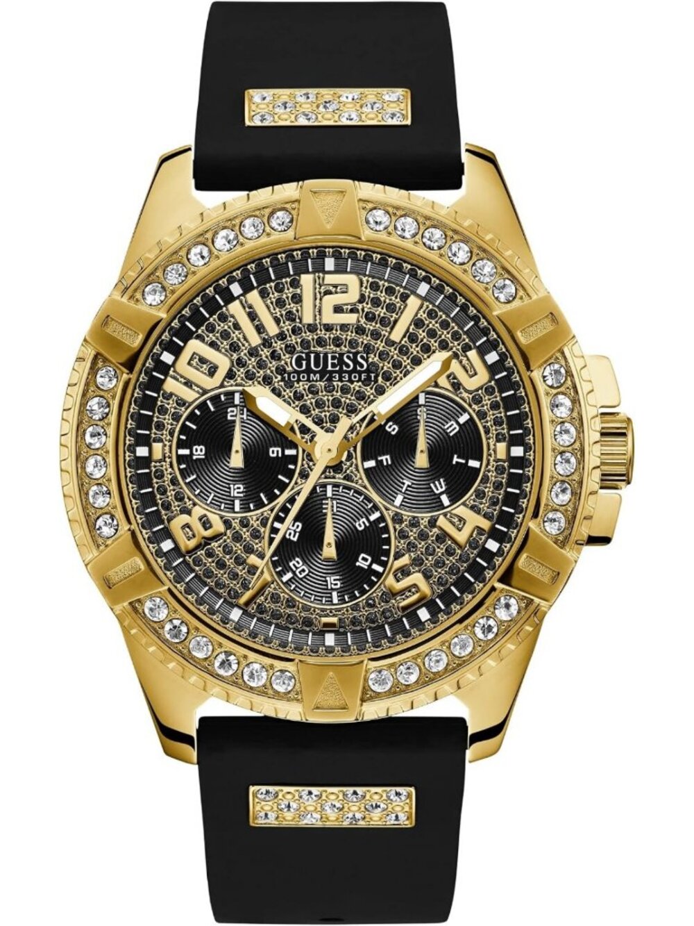 Stylish Black Silicone Watch with Gold-Tone Accents, Crystal Detail, Date